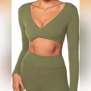 Amazon Olive Green Long Sleeve Wrap Crop Top M